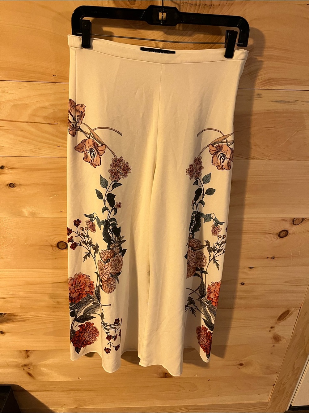 Zara Woman Floral Cream Flowy Wide Leg Side Zip Pants Size XS
